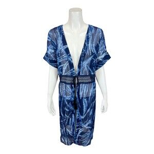 Dennis Basso Printed Chiffon Duster Coverup Top with Lace Detail in Blue Size XL
